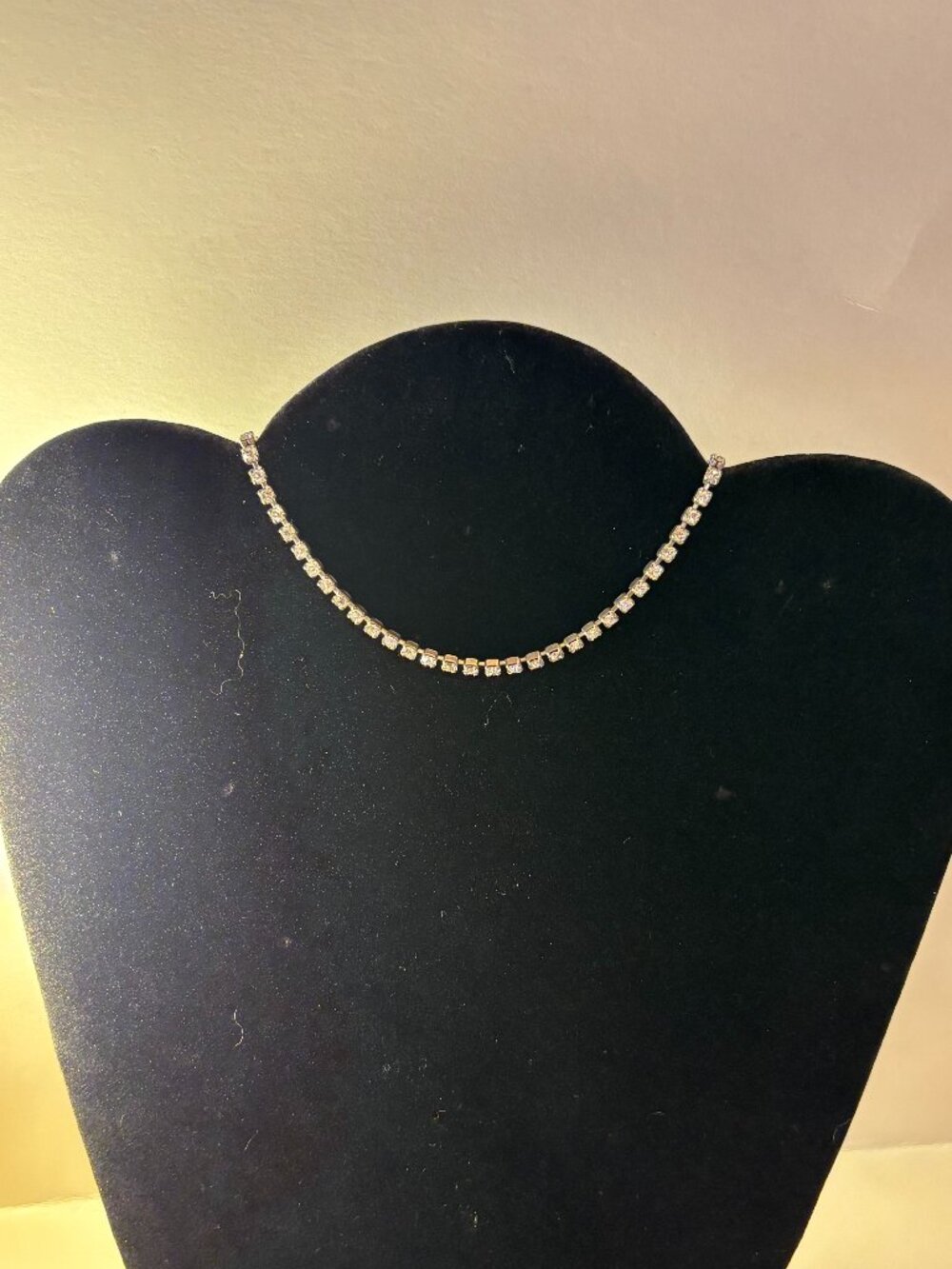 Vintage Silver Rhinestones Choker Tennis Necklace w/ Back Dangling Rhinestone